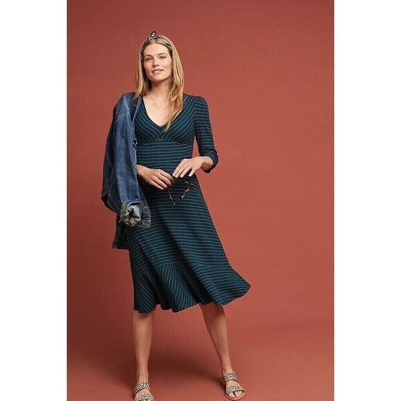 Anthropologie Maeve Flores Knit Striped Midi Dress babydoll Green Navy Nautical - Picture 1 of 12